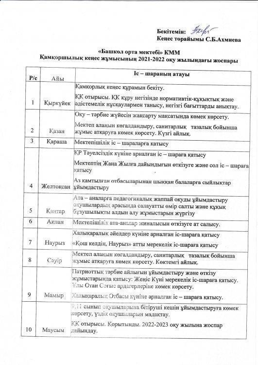 Қамқоршылық кеңесінің жұмыс жоспары